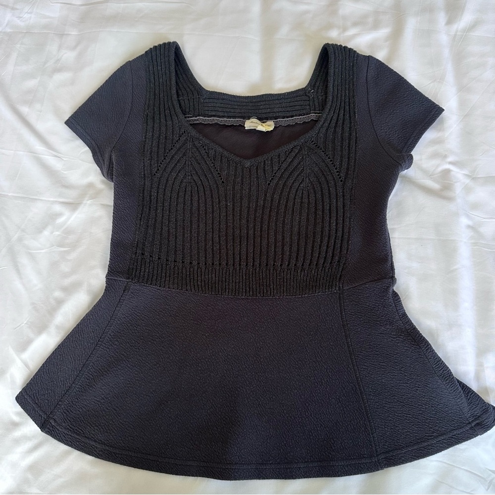 Anthropologie Meadow Rue Navy Blue Peplum Top Coquette Crochet Knit Womens Small